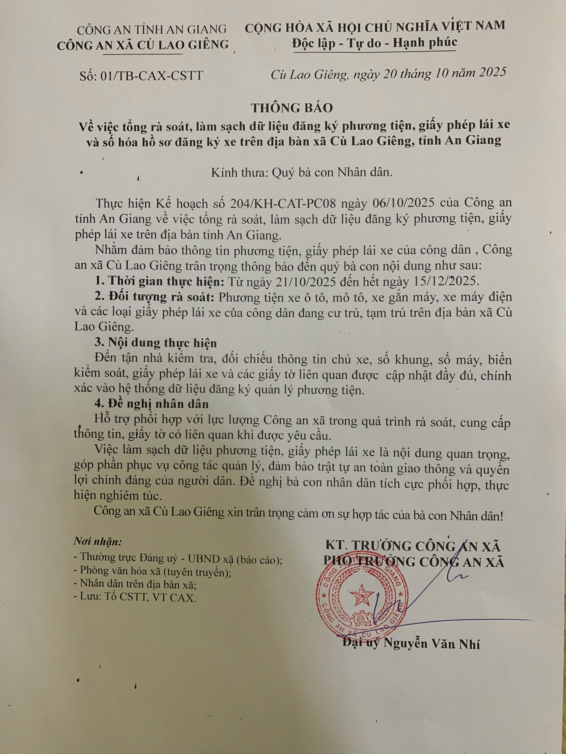 Về việc tổng rà soát, làm sạch dữ liệu đăng ký phương tiện, giấy phép lái xe và số hóa hồ sơ đăng ký xe trên địa bàn xã Cù Lao Giêng 