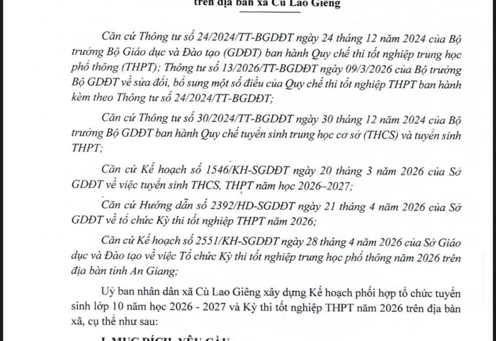Kế hoạch phối hợp tổ chức tuyển sinh vào lớp 10 năm học 2026-2027 và kỳ tốt nghiệp THPT năm 2026