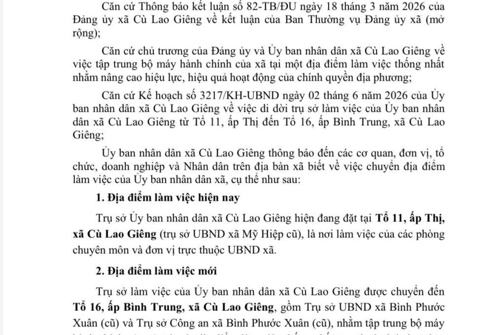 THÔNG BÁO VỀ VIỆC CHUYỂN ĐỊA ĐIỂM LÀM VIỆC CỦA ỦY BAN NHÂN DÂN XÃ CÙ LAO GIÊNG