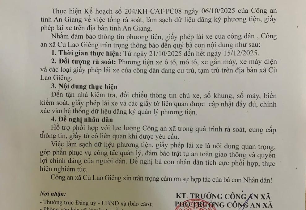 Về việc tổng rà soát, làm sạch dữ liệu đăng ký phương tiện, giấy phép lái xe và số hóa hồ sơ đăng ký xe trên địa bàn xã Cù Lao Giêng