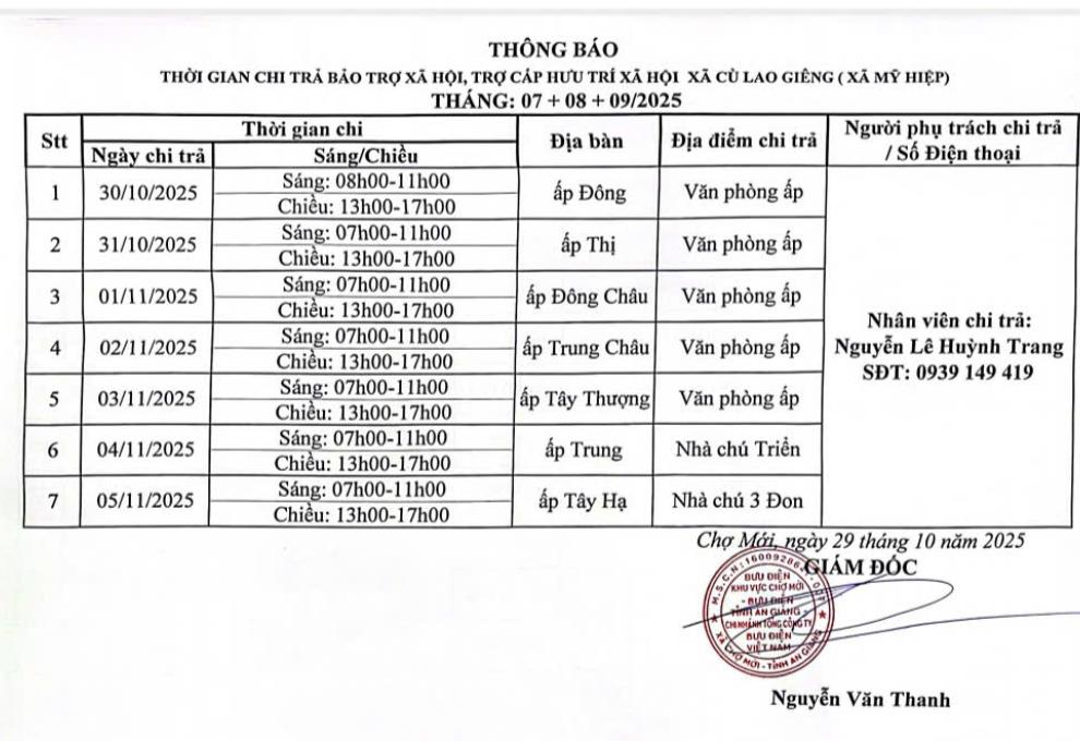 Thông báo thời gian chi trả bảo trợ xã hội, trợ cấp hưu trí xã Cù Lao Giêng