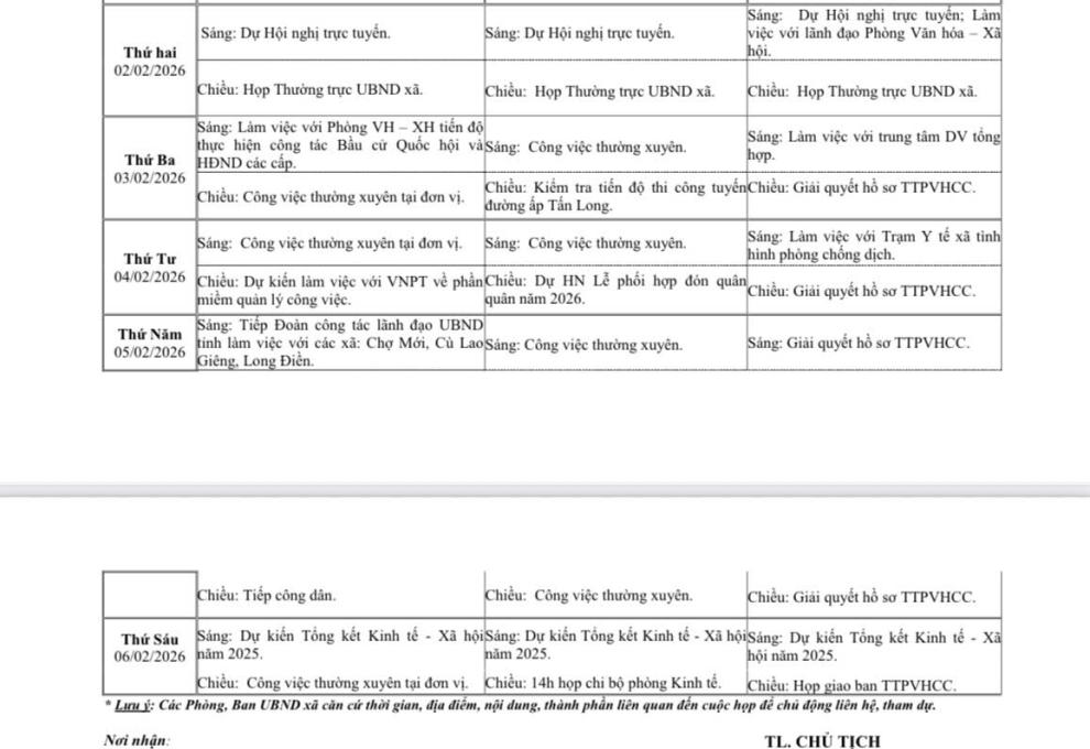 Thông báo lịch làm việc UBND xã Cù Lao Giêng