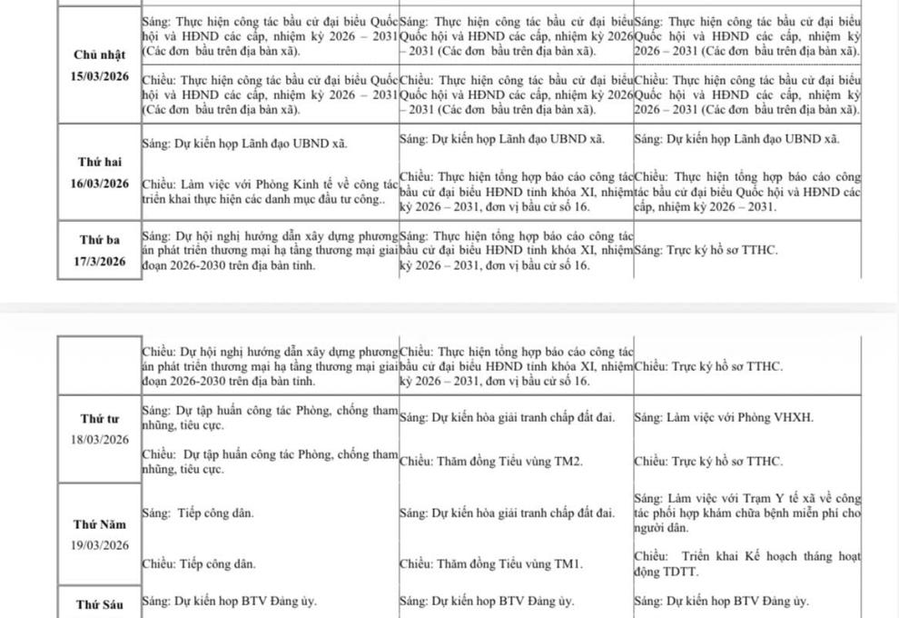 Lịch làm việc của UBND xã Cù Lao Giêng