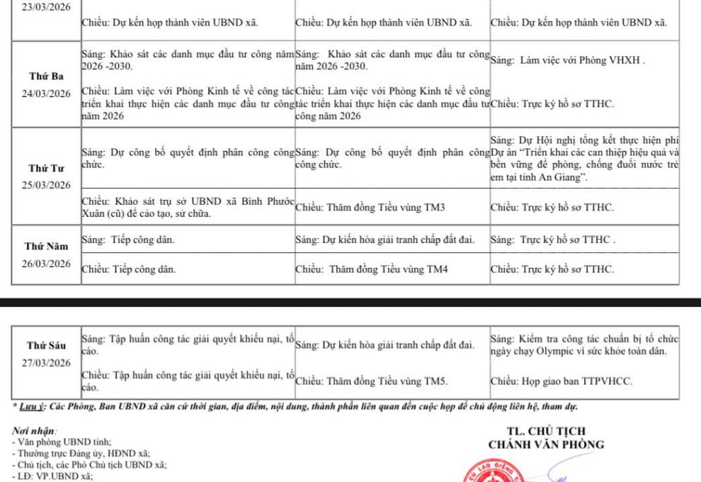 LỊCH LÀM VIỆC UBND XÃ CÙ LAO GIÊNG