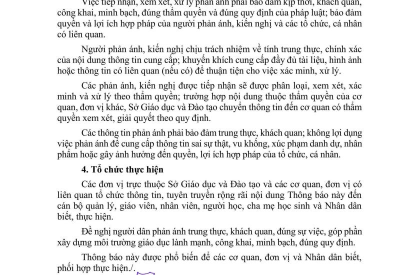 công khai số điện thoại tiếp nhận phản ánh về tình trạng lạm thu, áp buộc học thêm và tổ chức dạy thêm, học thêm trái quy định. 