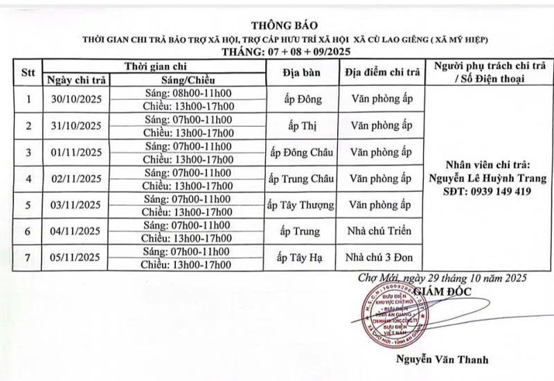 Thông báo thời gian chi trả bảo trợ xã hội, trợ cấp hưu trí xã Cù Lao Giêng