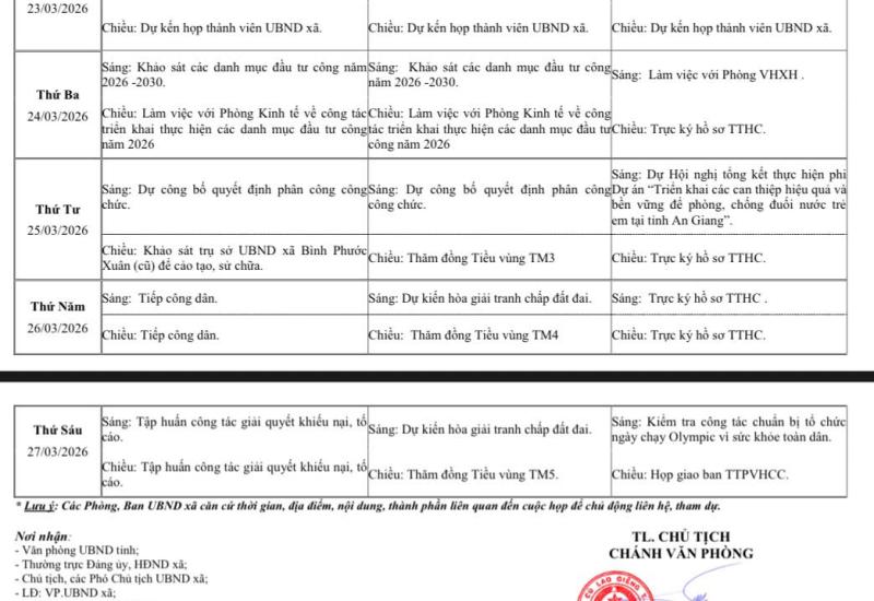 LỊCH LÀM VIỆC UBND XÃ CÙ LAO GIÊNG