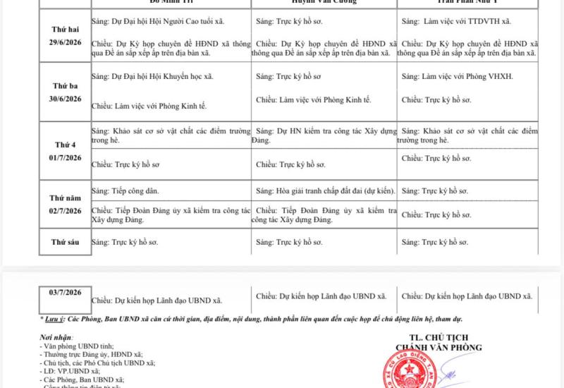 LỊCH LÀM VIỆC CỦA UBND XÃ